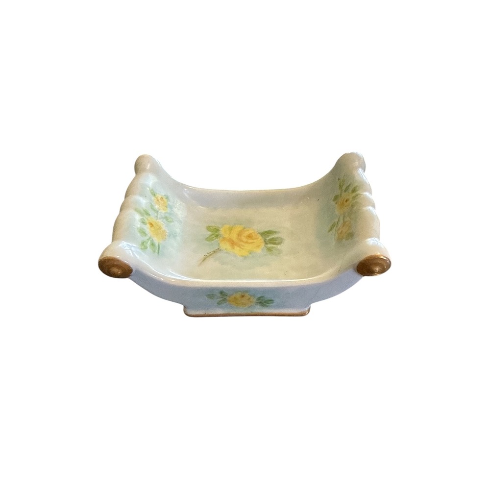 Vintage Hand Painted L Stiver Signed Porcelain Spooner Yellow Rose Gold Trim
